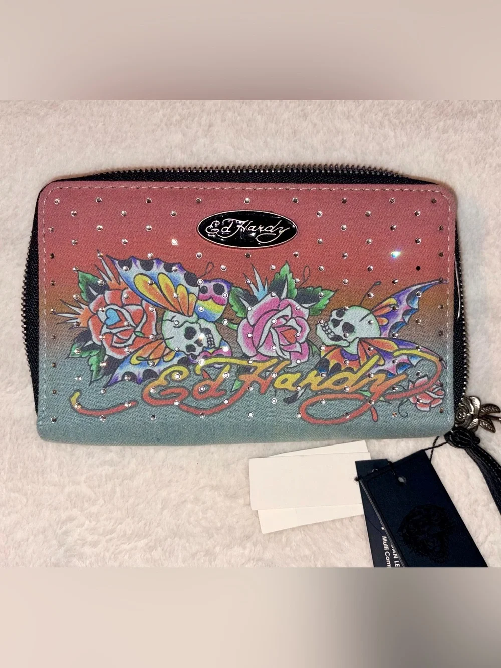 Ed Hardy Denim Gradient Zip Around Wallet NWT!